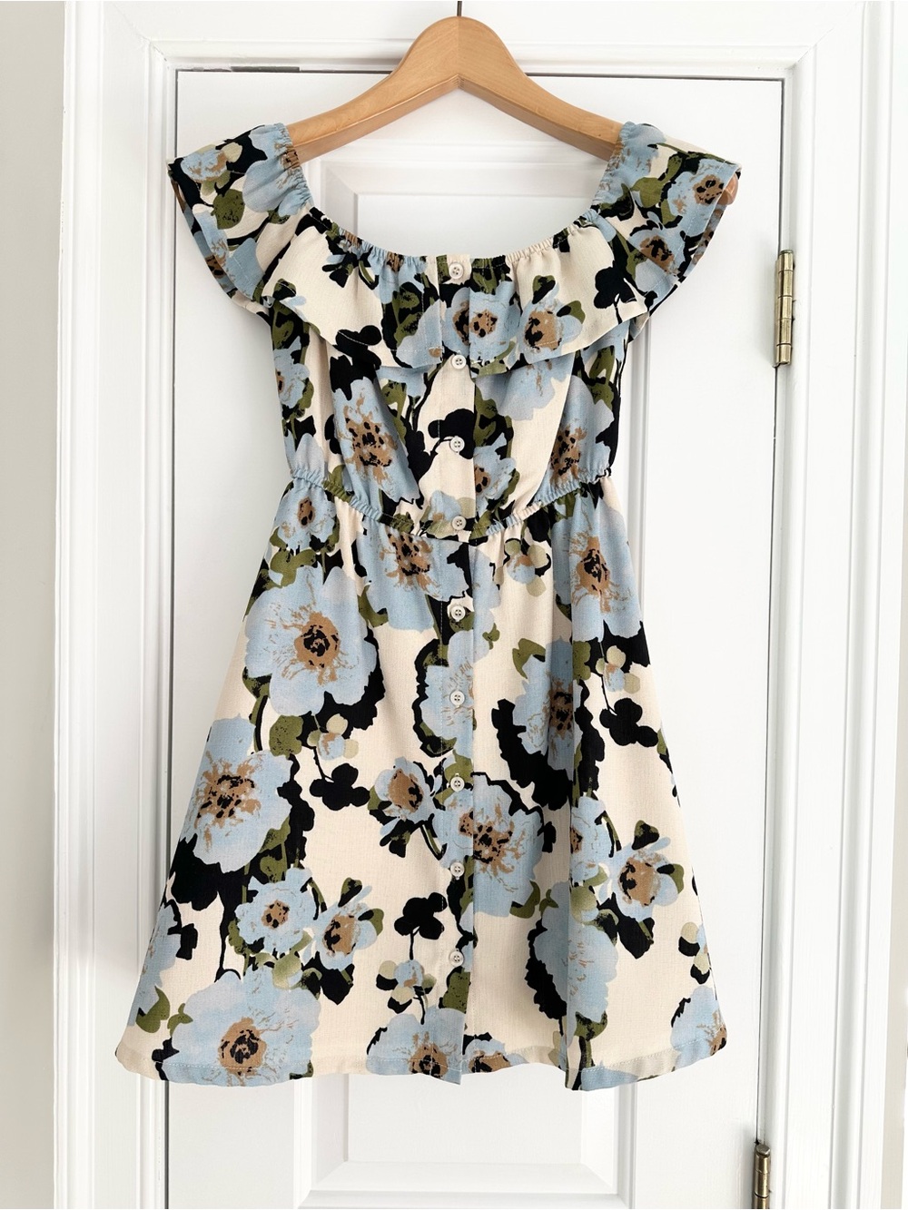 Floral Off-Shoulder Dress - Blue/Cream